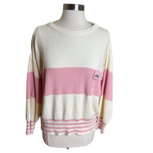 VTG Andrew St John Sweater‎ Women M Ivory Pink Striped Boatneck Oversized Retro
